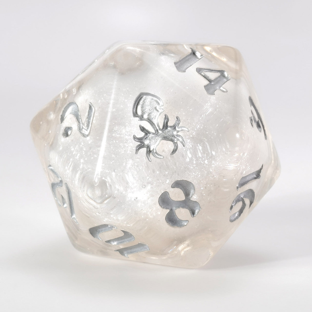 34mm Clear Liquid Core White Glitter Single D20 with Silver Ink